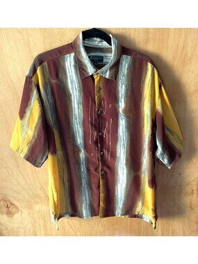 Bassiri Uomo Men's Button Front Shirt Large Brown Gold Vertical Abstract Stripe